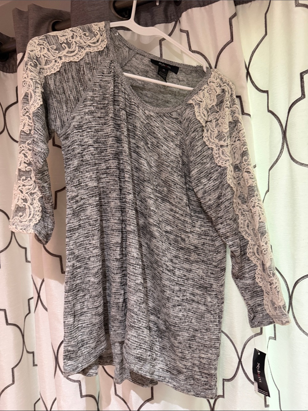 Style & Co. Gray Knit Top with Cream Lace Accent